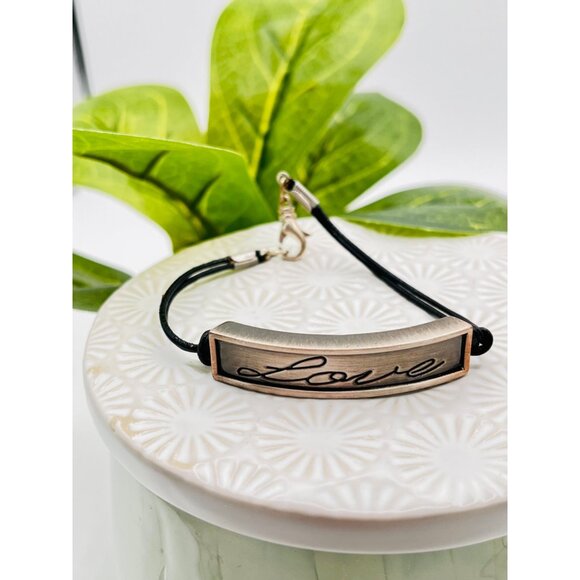 Silver Bar "Love" Charm Bracelet With 2 mm Black Leather Cord NEW - Picture 3 of 6